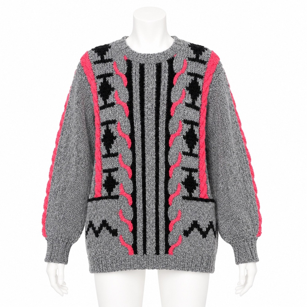 Novo Sweater Womens Medium‎ Gray Pink Vintage 80s Mohair Blend Chunky Geometric